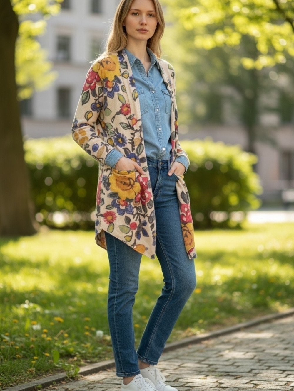 Tabitha Cream Floral Open-Front Cardigan with Yellow & Red Flowers
